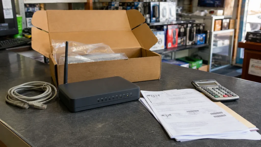 Router, caja de devolución y documentación sobre el mostrador de una tienda de informática