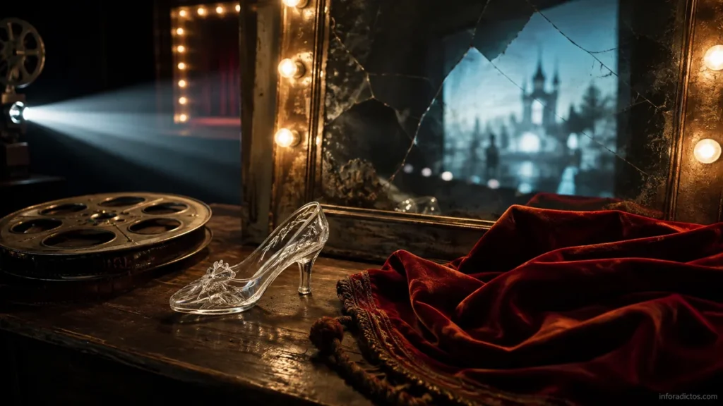 Zapato de cristal y bobina de cine ante un espejo agrietado que refleja un castillo