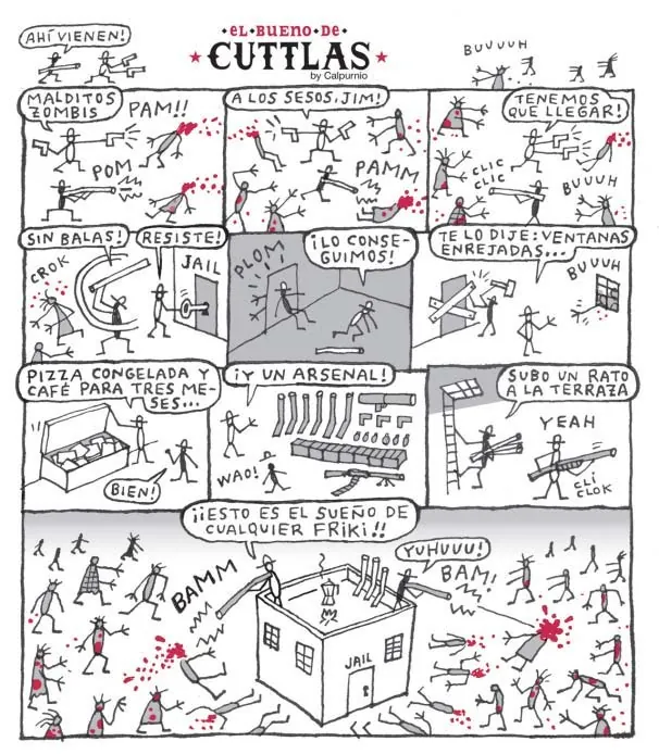 Viñeta completa de El bueno de Cuttlas, de Calpurnio, sobre sobrevivir a los zombis