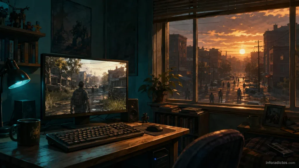 Habitación de un aficionado a los videojuegos frente a una ciudad con zombis al atardecer