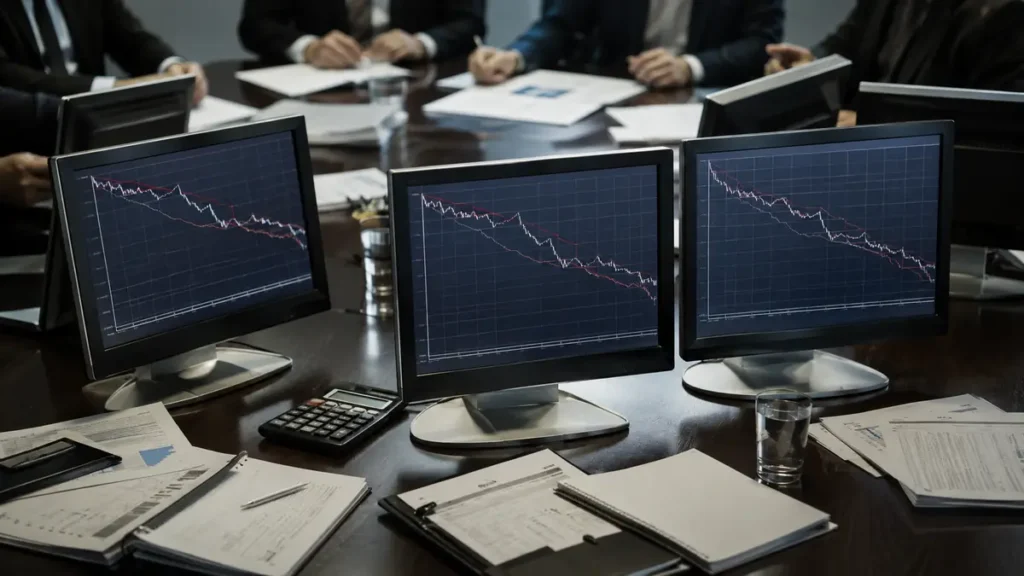 Tres pantallas LCD durante una reunión sobre precios