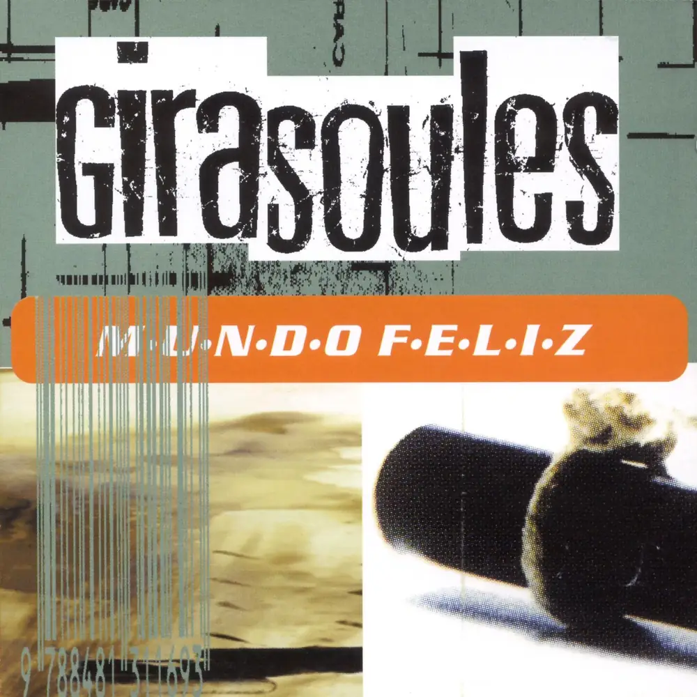 Carátula del álbum Mundo feliz de Girasoules, con su nombre sobre un diseño verde y naranja