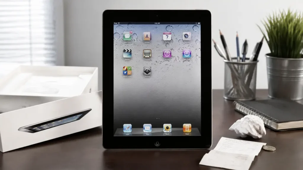 iPad 2 sobre un escritorio junto a su caja y un recibo