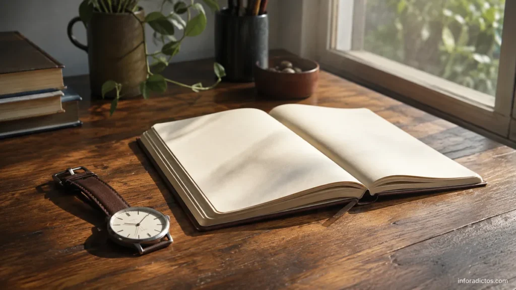 Reloj junto a un cuaderno abierto, una imagen sobre el paso del tiempo