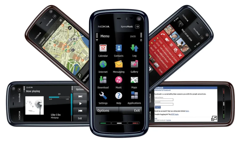 Nokia 5800 XpressMusic mostrando el menú, mapas, música, contactos y navegador