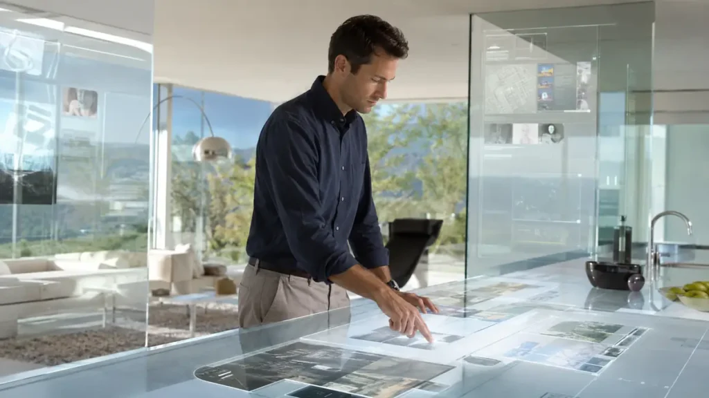 Hombre usando una gran encimera de cristal interactiva