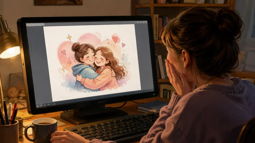 Una persona recibe emocionada un dibujo enviado por una amiga a través de internet