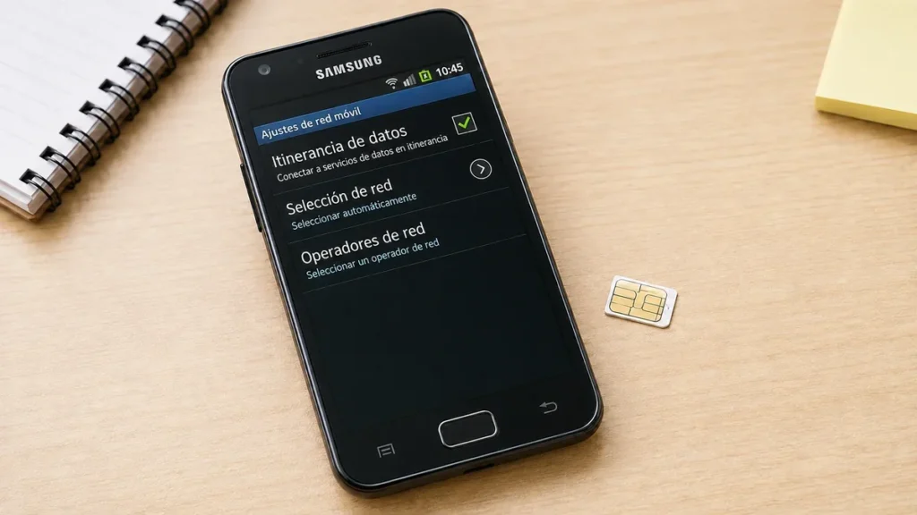 Samsung Galaxy S2 con los ajustes de red móvil y una tarjeta SIM