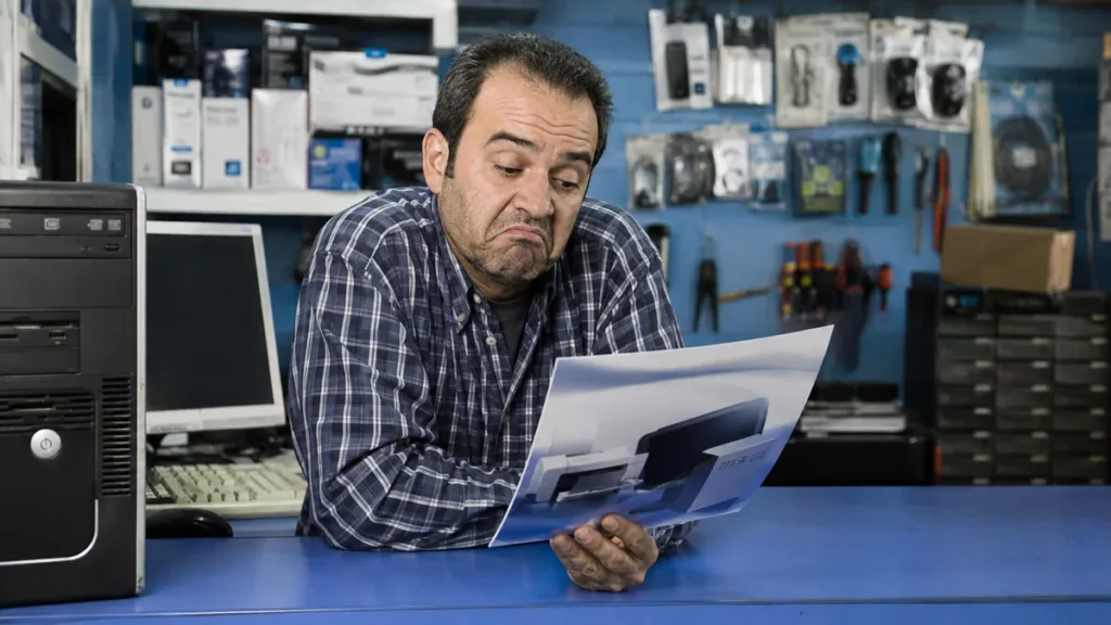 Propietario de una tienda de informática reacciona con escepticismo a un anuncio corporativo