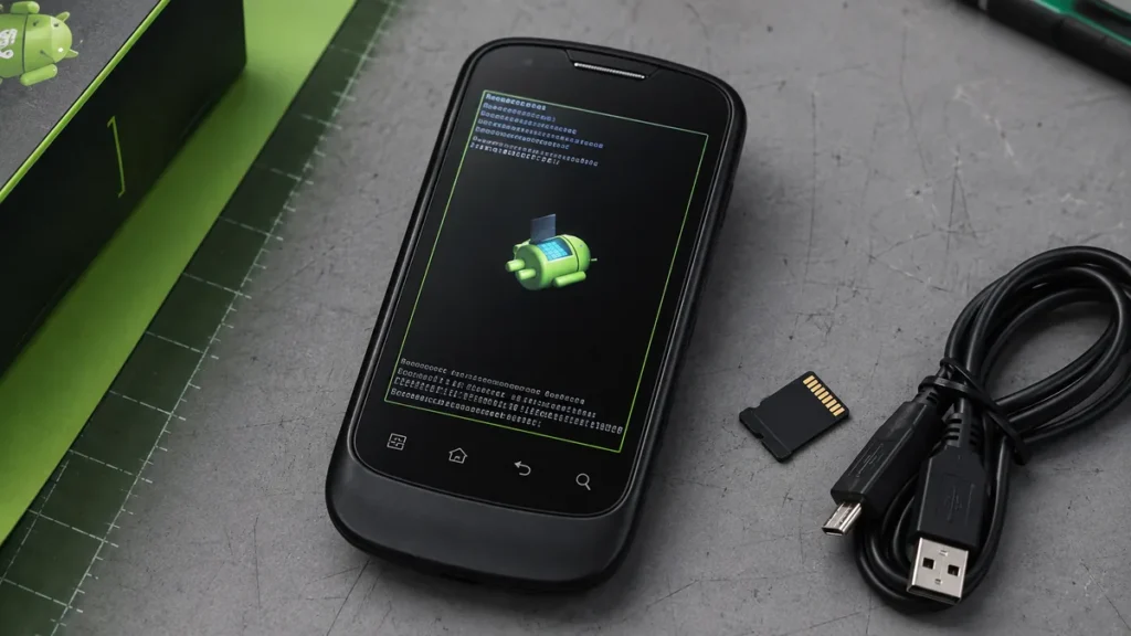 Huawei U8650 con una tarjeta microSD y un cable USB para instalar firmware y obtener acceso root
