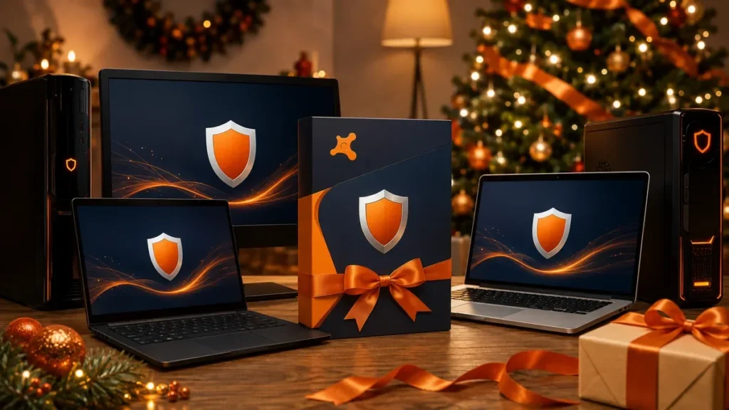 Tres ordenadores protegidos con antivirus junto a regalos y decoración navideña