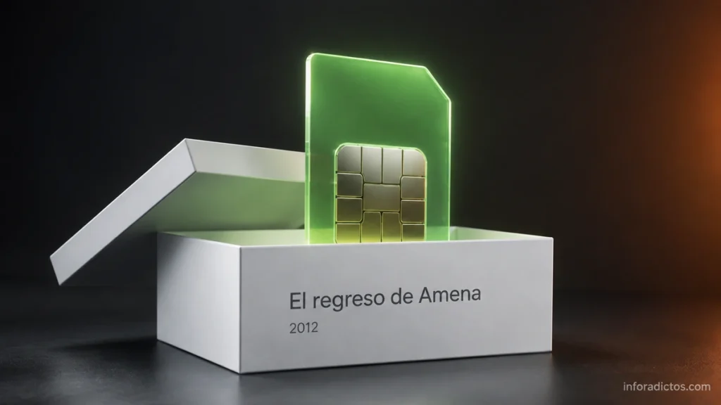 Tarjeta SIM verde en una caja que anuncia el regreso de Amena en 2012