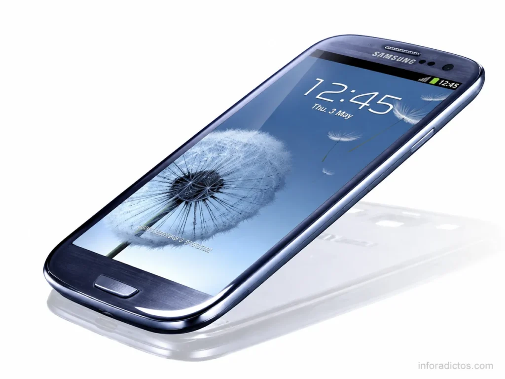 Samsung Galaxy S3 azul en perspectiva sobre fondo blanco