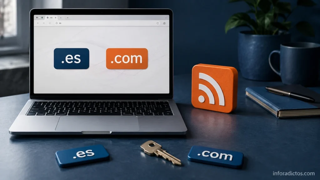Portátil con las extensiones .es y .com, una llave y un símbolo de suscripción RSS