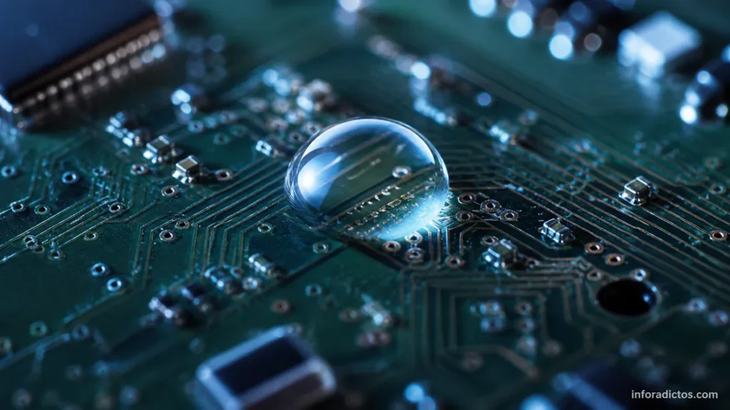 Gota de agua sobre un circuito electrónico