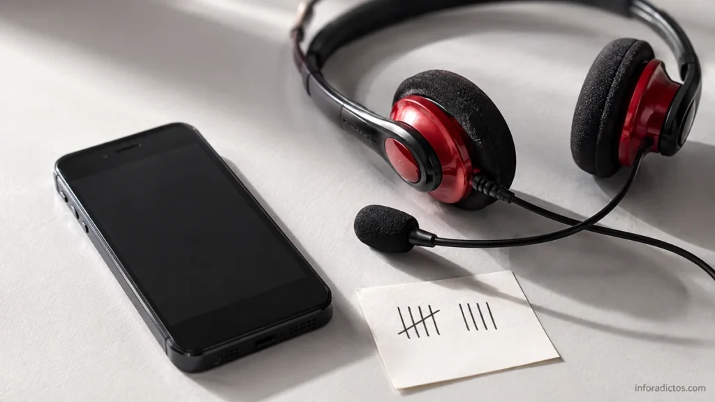 Teléfono, auriculares rojos y nueve marcas que representan llamadas comerciales de retención