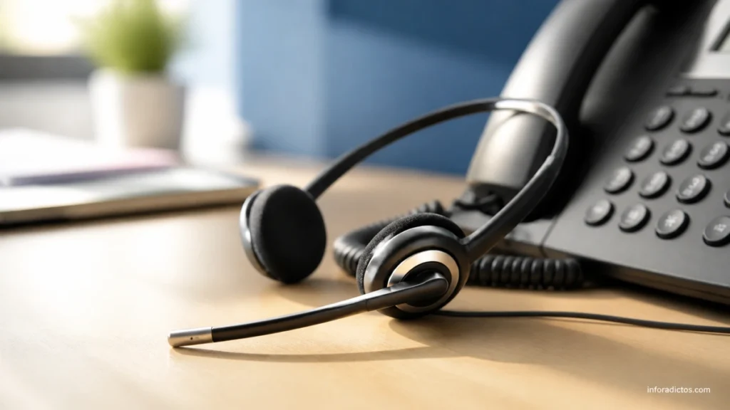 Auriculares con micrófono junto a un teléfono de atención telefónica