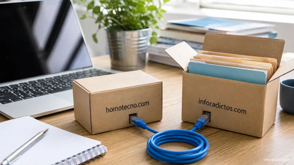Cajas con los dominios homotecno.com e inforadictos.com conectadas por un cable de red