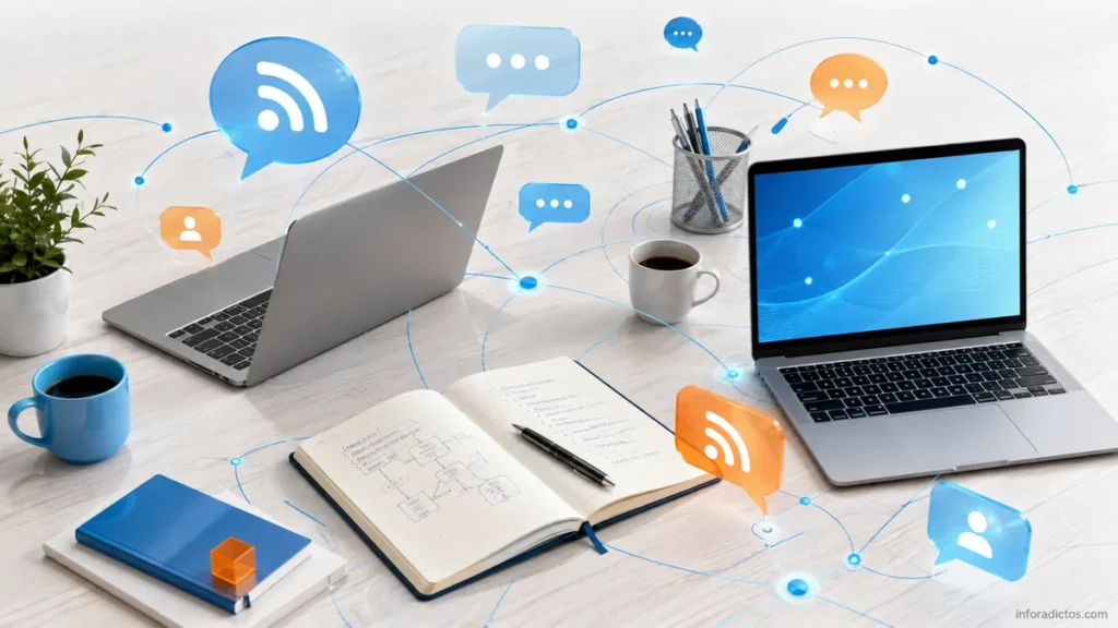 Dos portátiles conectados mediante símbolos de conversación y RSS