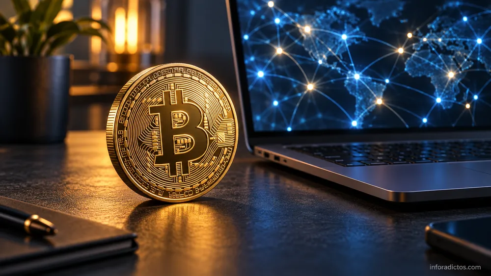 Ilustración de una moneda de Bitcoin junto a un portátil con una red de conexiones digitales