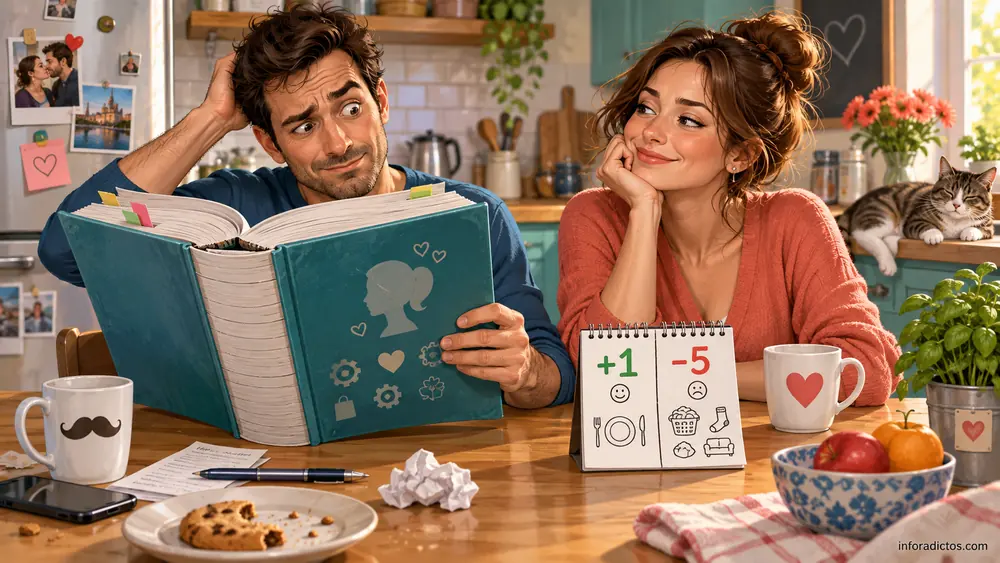 Ilustración humorística de una pareja con un enorme manual y un marcador de puntos en la mesa.