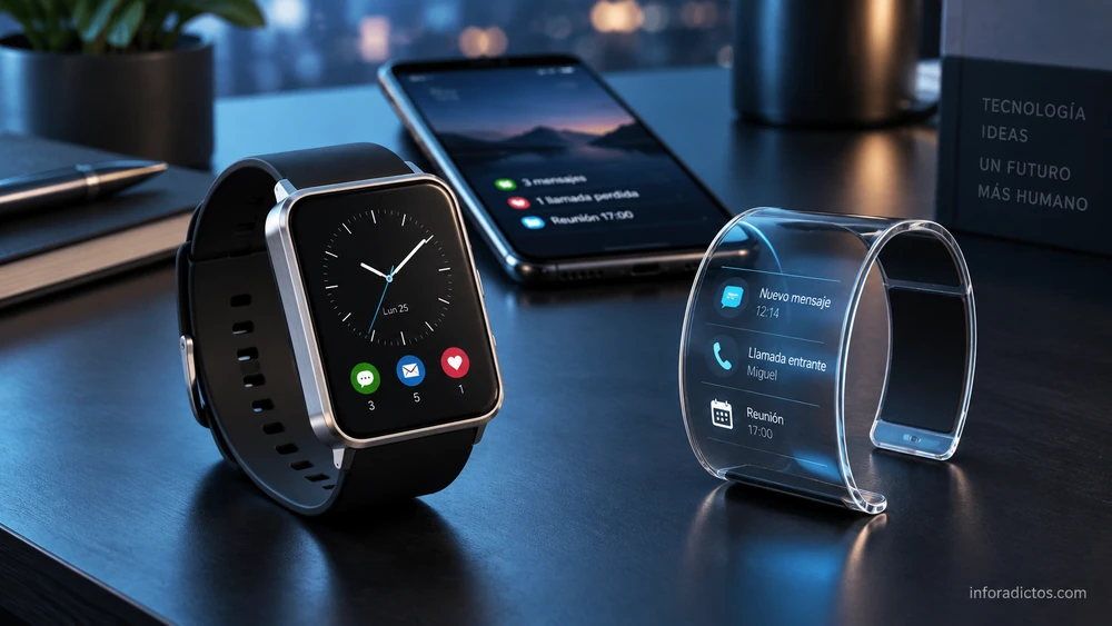 Ilustración conceptual de dos relojes inteligentes, uno con pantalla transparente, junto a un teléfono móvil.
