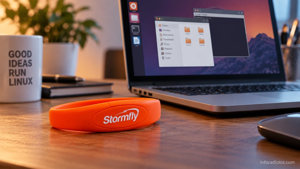 Ilustración de la pulsera naranja StormFly junto a un portátil con Linux