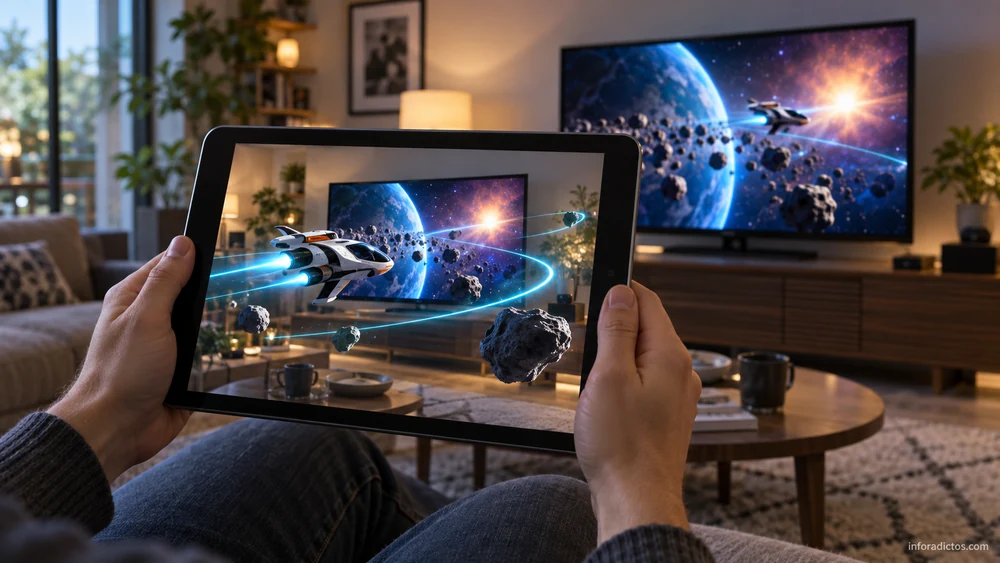 Ilustración de una tableta que amplía con realidad aumentada una escena de la televisión