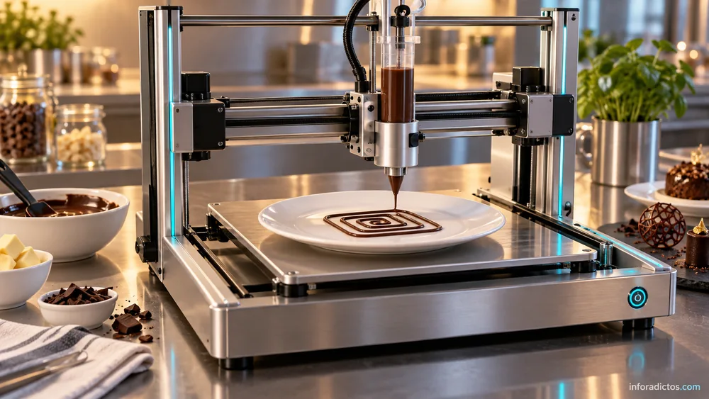 Ilustración de una impresora 3D de alimentos depositando chocolate sobre un plato
