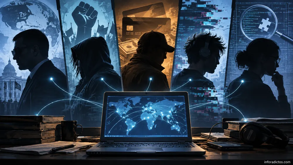 Ilustración de cinco perfiles de hackers y sus motivaciones alrededor de un ordenador