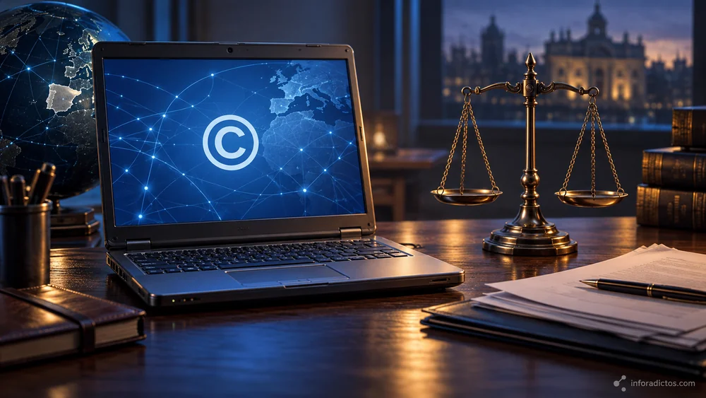 Ilustración de un portátil con el símbolo de copyright junto a una balanza de justicia