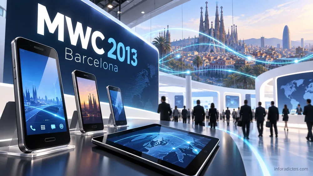 Ilustración del Mobile World Congress 2013 con móviles, una tableta y Barcelona al fondo