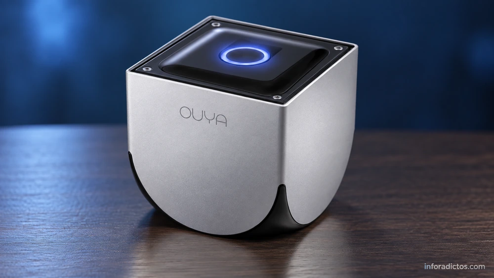 Recreación de la consola Ouya plateada con su botón de encendido iluminado sobre una mesa