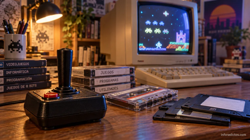 Joystick, cintas de casete y disquetes junto a un ordenador clásico en una ilustración de retroinformática