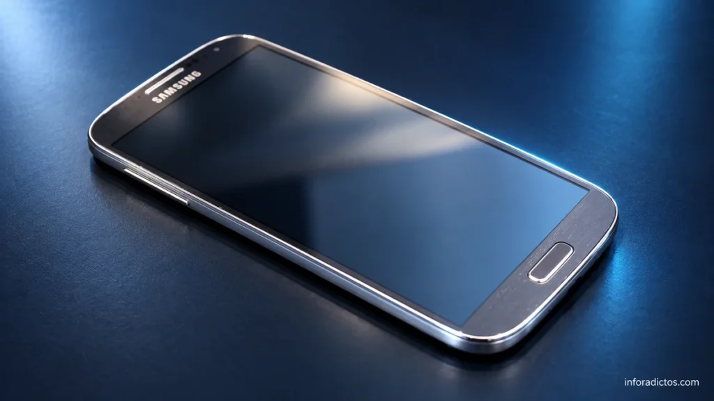 Samsung Galaxy S4 negro en perspectiva sobre un fondo azul, con su botón físico de inicio y pantalla apagada