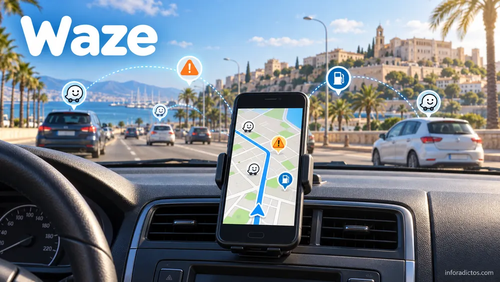 Ilustración de Waze con navegación GPS en un móvil y avisos compartidos por conductores