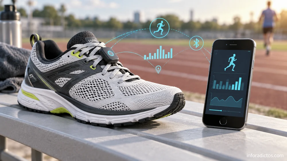 Ilustración de una zapatilla inteligente con sensor y un móvil que muestra datos de actividad deportiva
