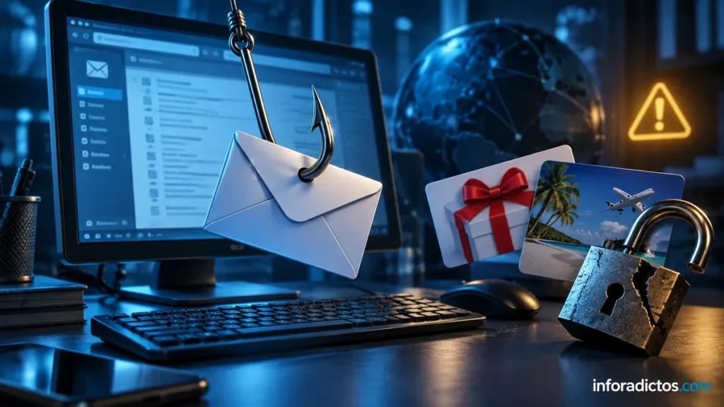Ilustración de un anzuelo con un correo, falsos premios y un candado abierto que representan las ciberestafas