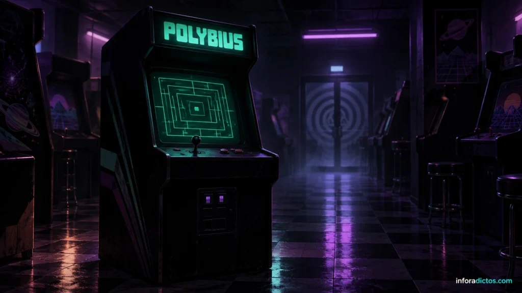 Ilustración de una máquina Polybius en un salón recreativo oscuro con luces verdes y violetas