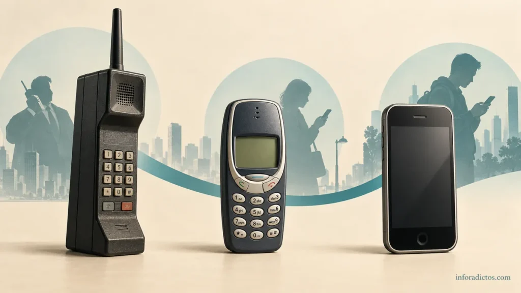 Ilustración de la evolución del teléfono móvil: primer portátil, terminal con SMS y pantalla táctil