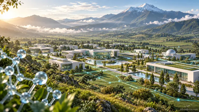 Ilustración conceptual de un campus científico en un valle andino, inspirada en la ciudad del conocimiento Yachay