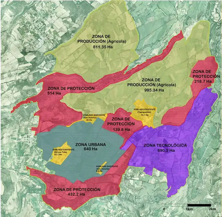 Mapa de zonificación de Yachay con áreas urbanas, tecnológicas, agrícolas y de protección
