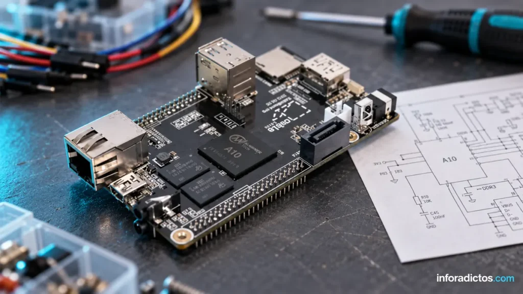 Placa Cubieboard sobre una mesa de electrónica con esquemas, cables y herramientas