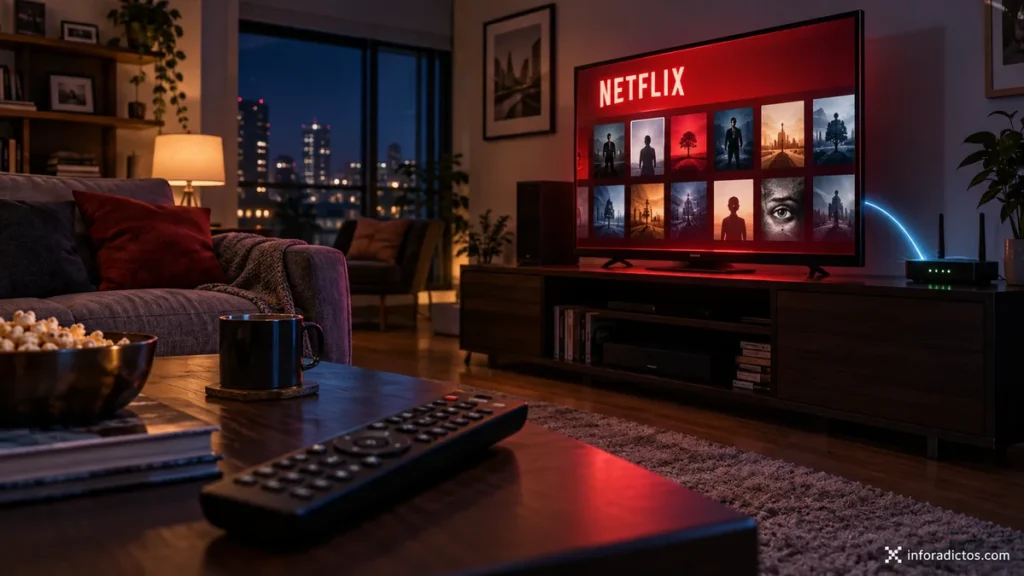 Ilustración de un salón con Netflix en el televisor, un mando y un router para ver contenidos en streaming