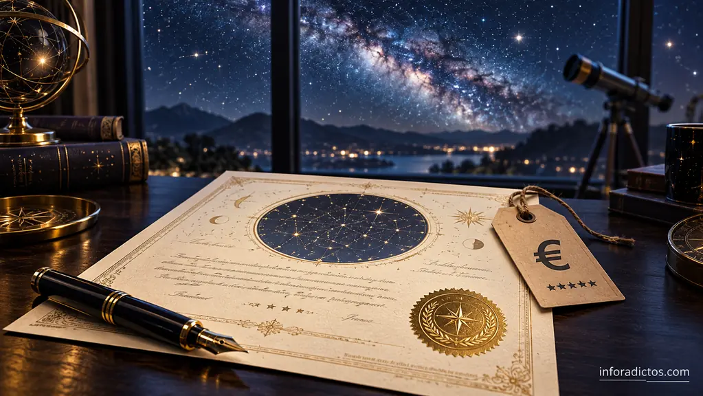 Certificado de una estrella con etiqueta de precio ante un cielo nocturno
