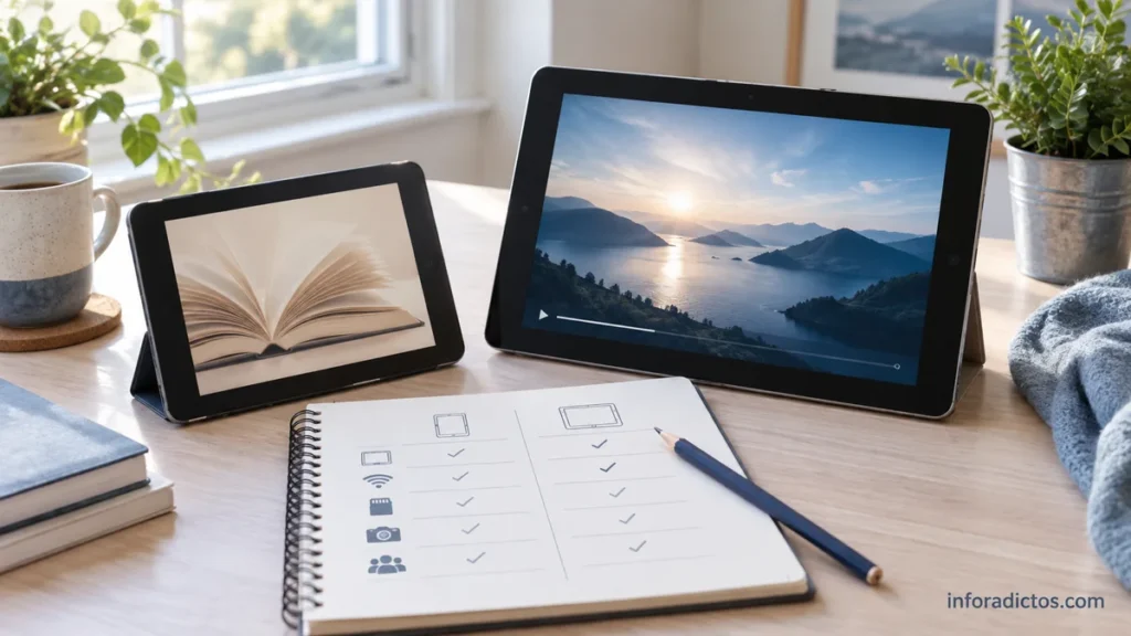 Dos tablets de distinto tamaño junto a una libreta para comparar sus características