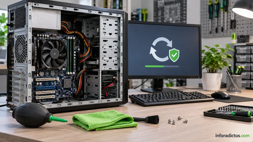 PC de sobremesa abierto junto a herramientas de limpieza y un monitor con símbolo de actualización