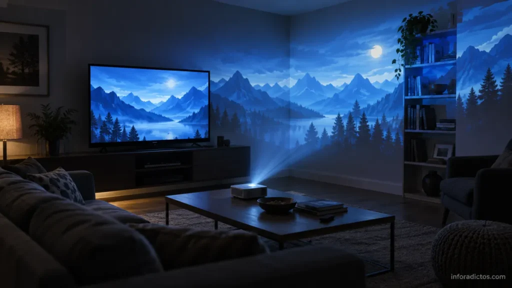 Ilustración de un proyector que extiende el paisaje de un videojuego por las paredes de un salón