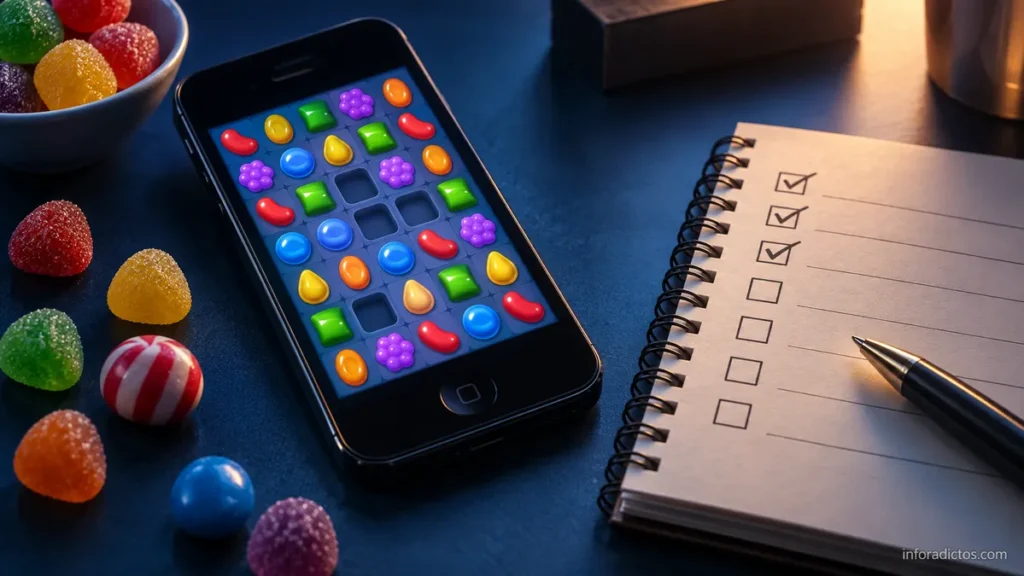 Juego de caramelos en un móvil junto a una libreta con tareas pendientes