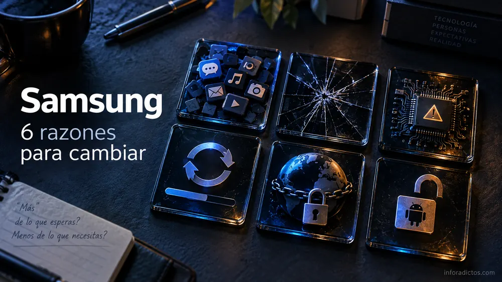Seis símbolos de las críticas a los móviles Samsung: aplicaciones, cristal, hardware, actualizaciones y bloqueos